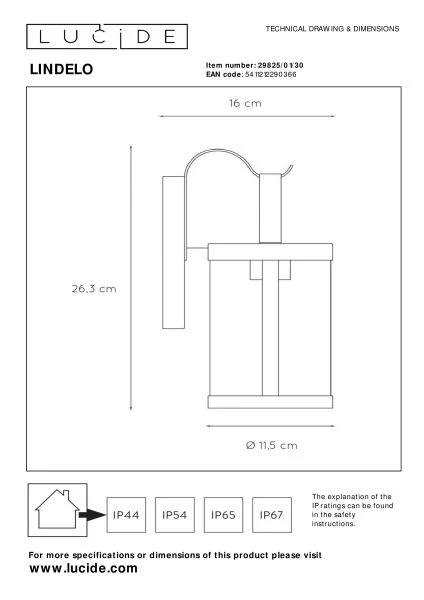 Lucide LINDELO - Wandleuchte Innen/Außen - 1xE27 - IP23 - Schwarz - TECHNISCH